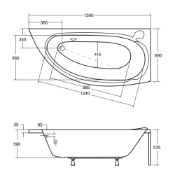 Wanna asymetryczna Mini 150x70 prawa z syfonem + ręcznik gratis