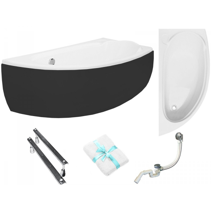 Elegancka Wanna BESCO Mini 150x70 Asymetryczna Prawa z Syfonem, Ręcznikiem i Czarną Obudową