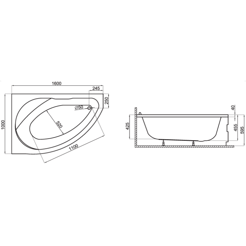Wanna Narożna Lewa 160x100 z Syfonem Polimat Marea