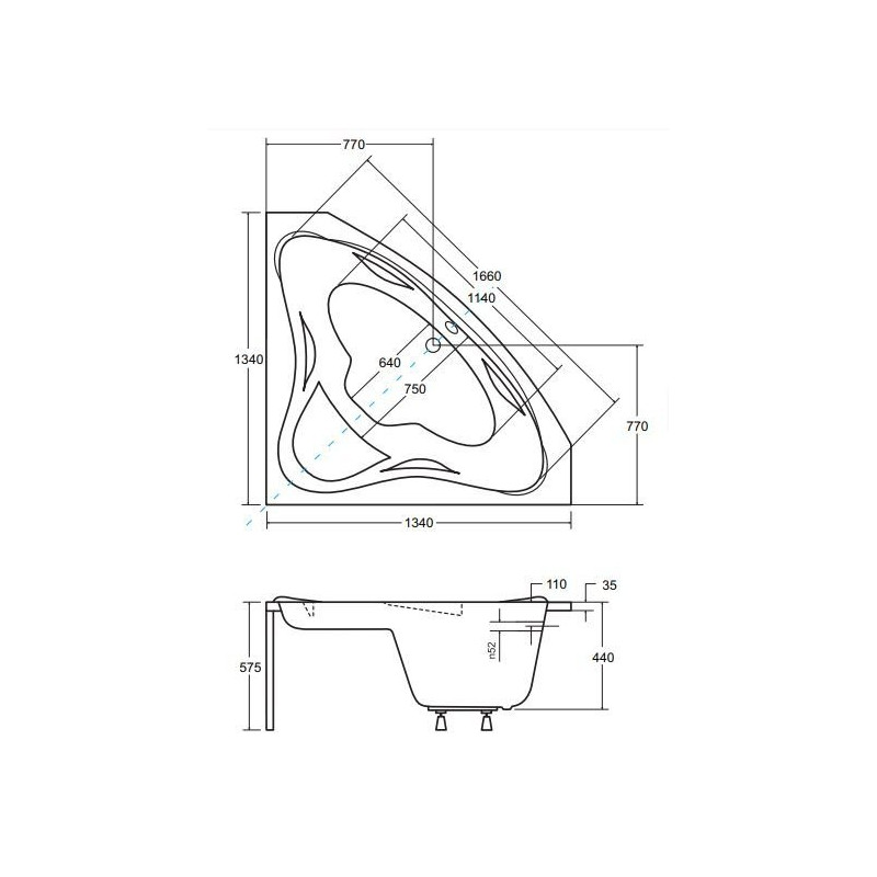 Wanna Narożna 134x134 Besco z Syfonem i Nogami