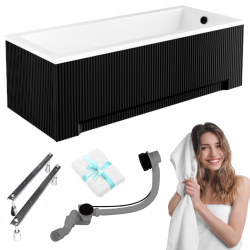 Elegancka Wanna Akrylowa 150x70 BESCO Ryflowana Czarna z Syfonem i Stelażem 5w1