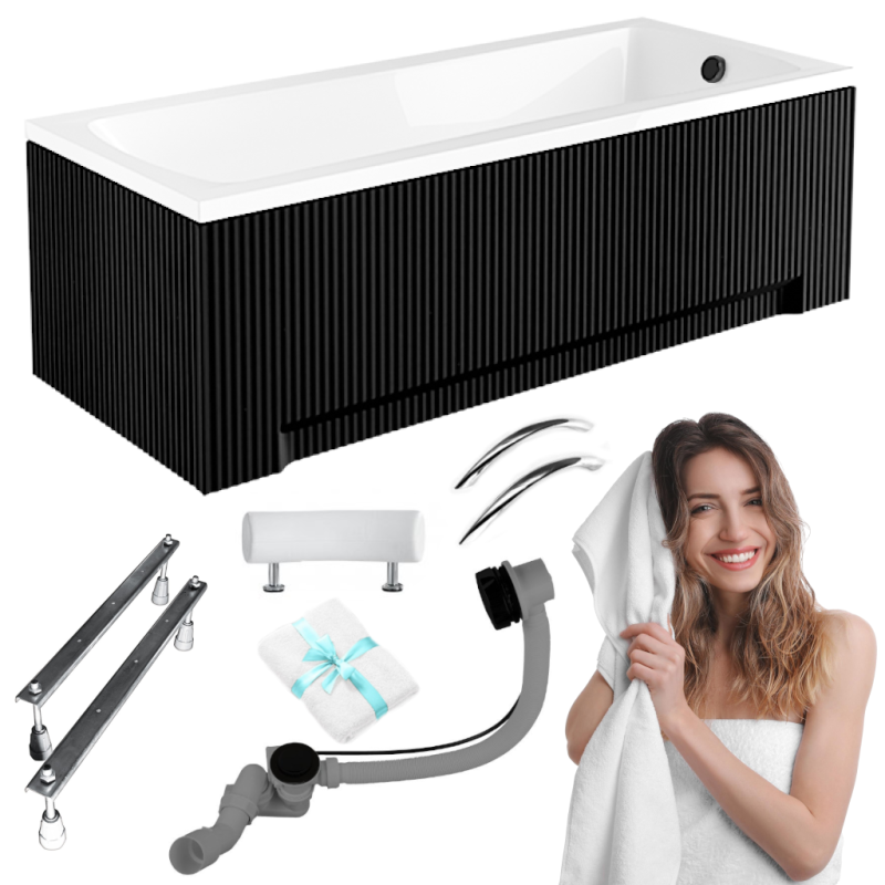Besco Optima Premium - Nowoczesna wanna akrylowa 170x70 cm, czarna obudowa z syfonem