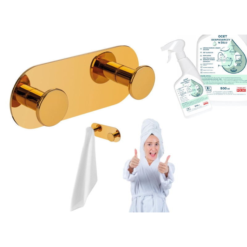 LAVEO MIRI Złoty Podwójny Wieszak Ścienny - Montaż Samoprzylepny lub Przykręcany + Gratis Ocet w Żelu
