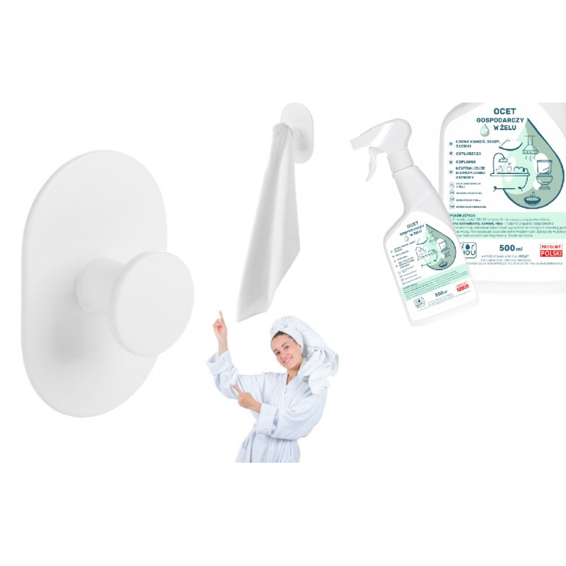 Uniwersalny Biały Haczyk Łazienkowy Samoprzylepny + Gratis Ocet Gospodarczy w Żelu