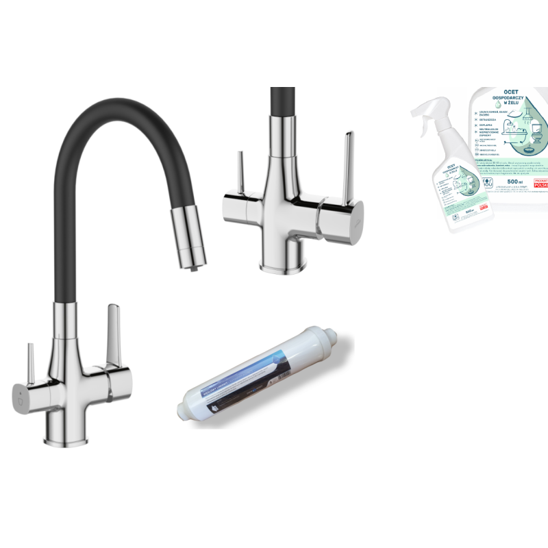 Innowacyjna Bateria Invena GLAMOUR z Filtracją Wody, Chrom & Czarna, GRATIS Ekologiczny Ocet w Żelu