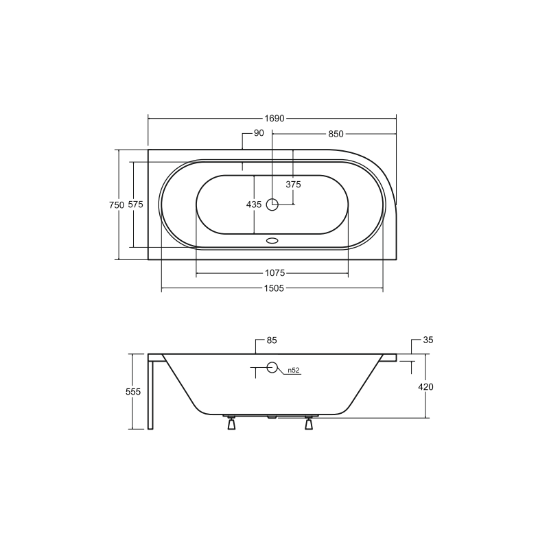 Czarno-biała wanna Avita 170x75 z antybakteryjną powłoką i automatycznym syfonem
