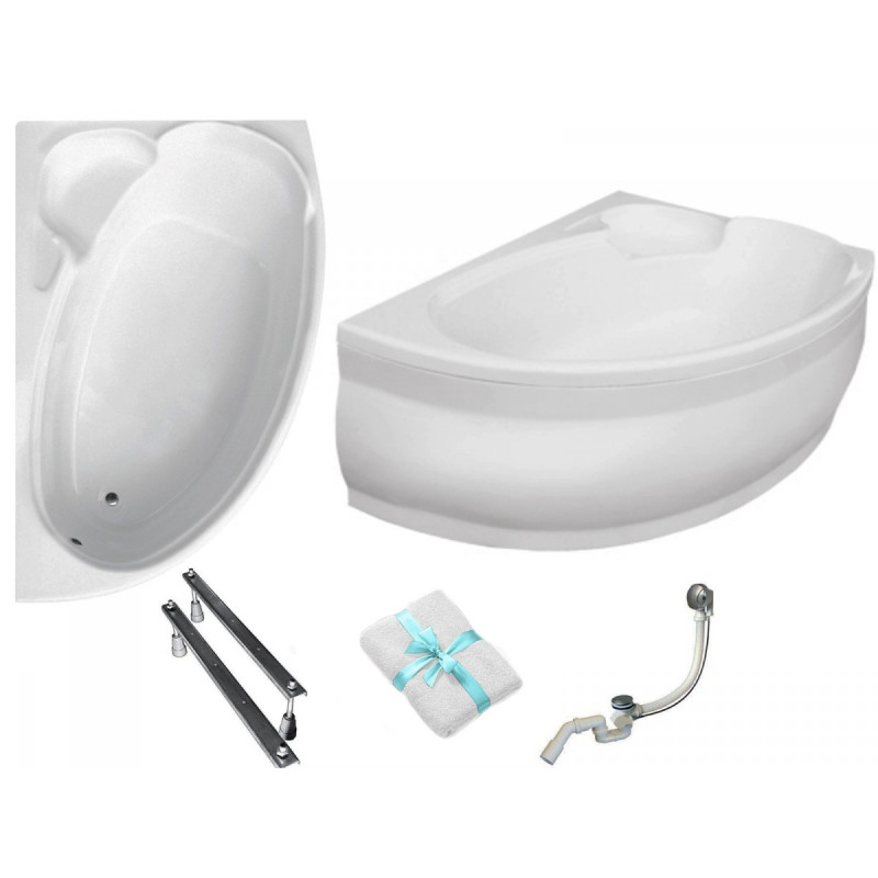 Elegancka wanna rożna Besco Finezja Nova 140x95 cm prawa z syfonem i białą obudową