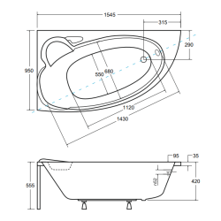 Finezja Nova - Ekskluzywna wanna narożna 155x95 cm z automatycznym syfonem