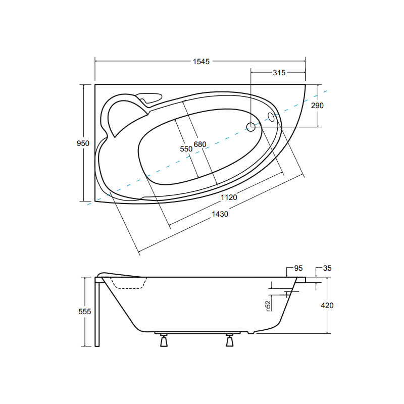 Wanna narożna Besco Finezja Nova 155x95 cm z syfonem automatycznym