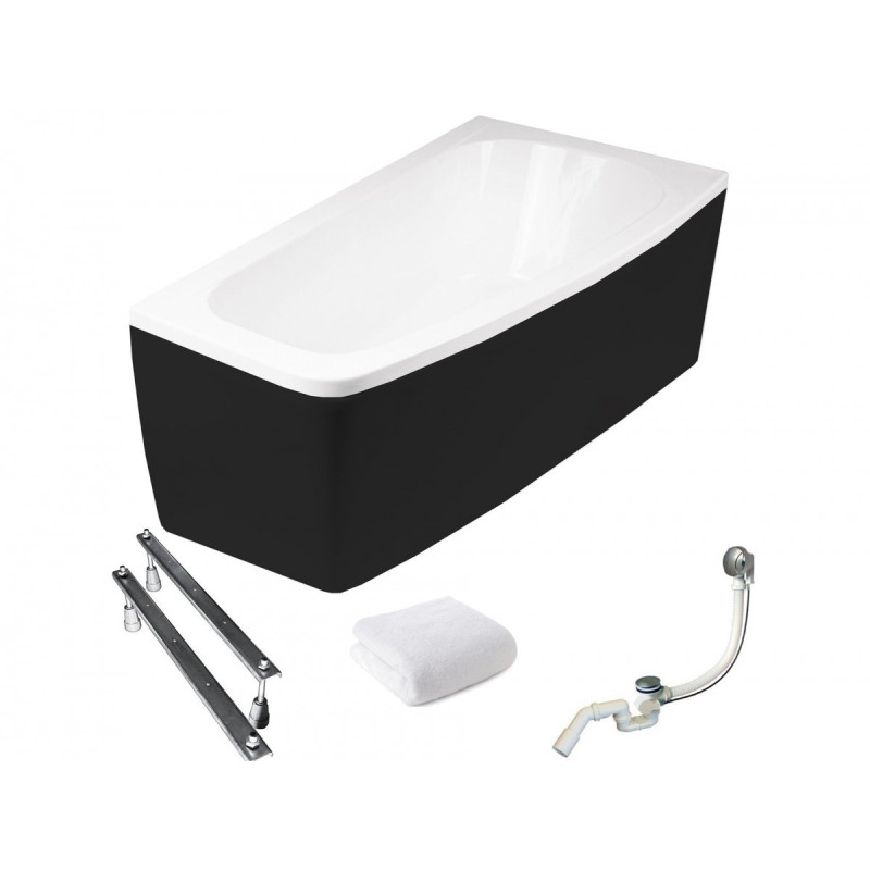 Besco Wanna Luna 150x80 Prawa Asymetryczna z Syfonem i Czarną Obudową