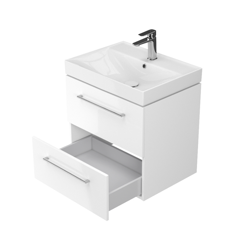 Elegancki Zestaw Cersanit LARGA 60: Szafka z Umywalką, Białe Wykończenie, Złote Uchwyty