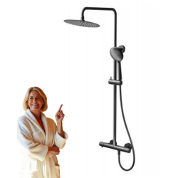 Cersanit Zen system prysznicowy termostatyczny czarny ze stalową deszczownicą i 5-funkcyjną słuchawką aluminiową