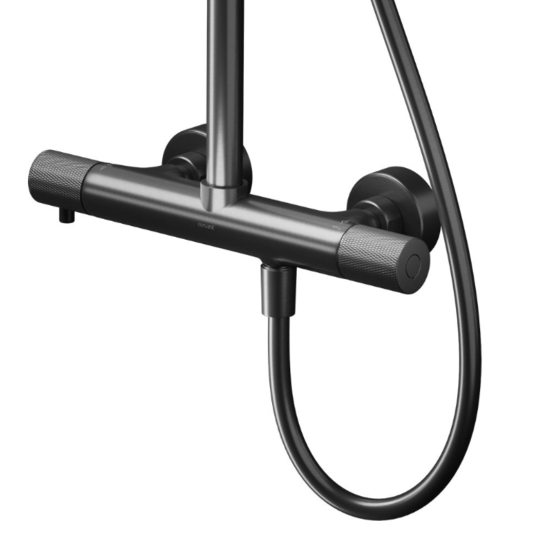 Cersanit Zen system prysznicowy termostatyczny czarny ze stalową deszczownicą i 5-funkcyjną słuchawką aluminiową