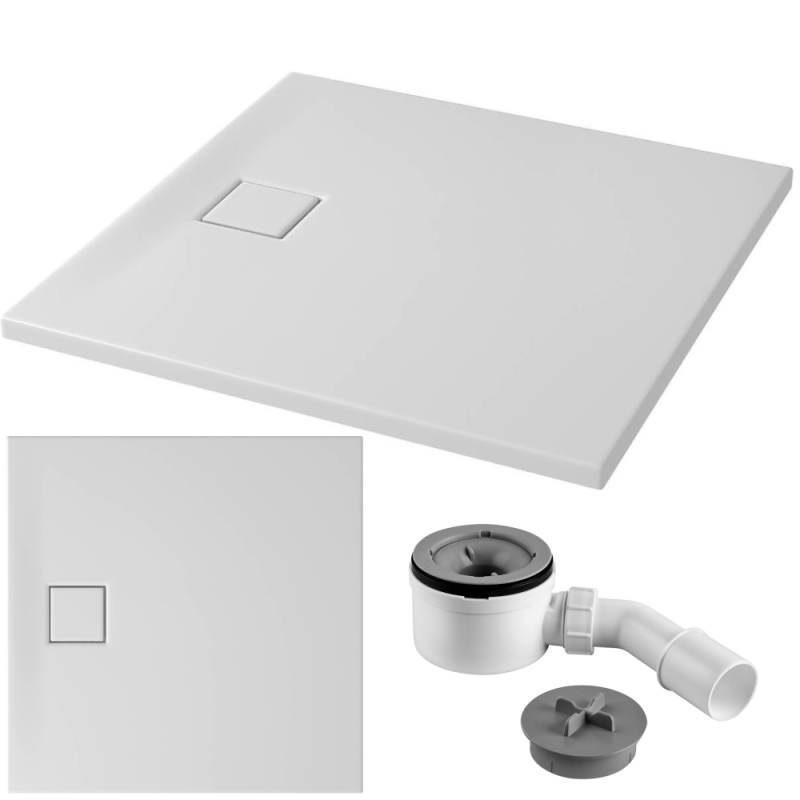 Stylowy brodzik kwadratowy Tako Slim 90x90 - elegancki biały mat z syfonem w zestawie