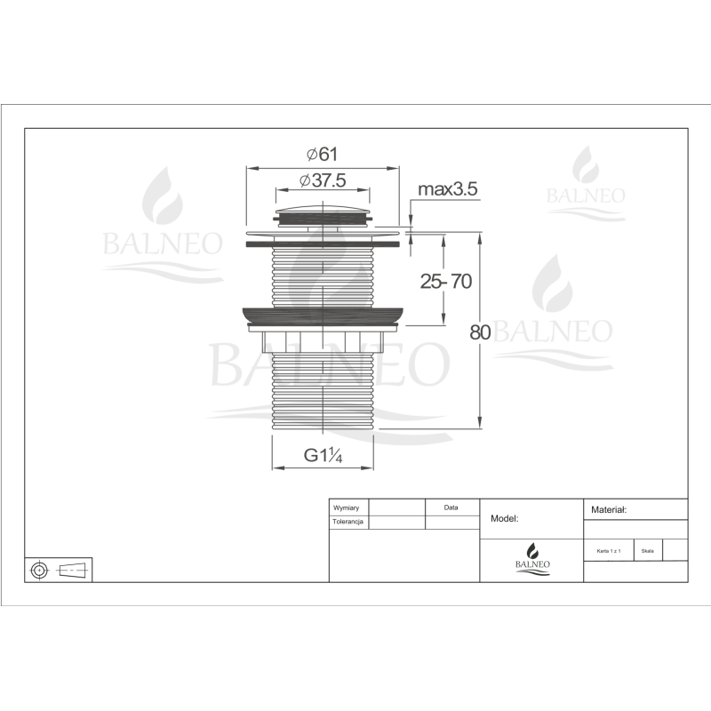 Korek umywalkowy mosiężny Klik Klak B bez przelewu Chrom