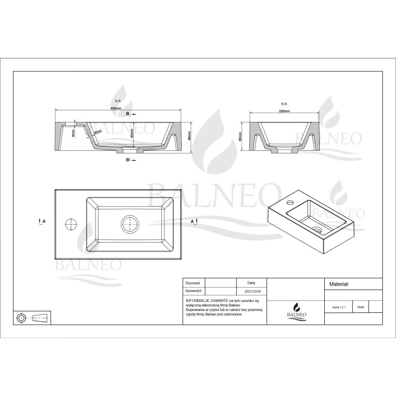 Umywalka nablatowa VEGA 40 x 22 biała z konglomeratu