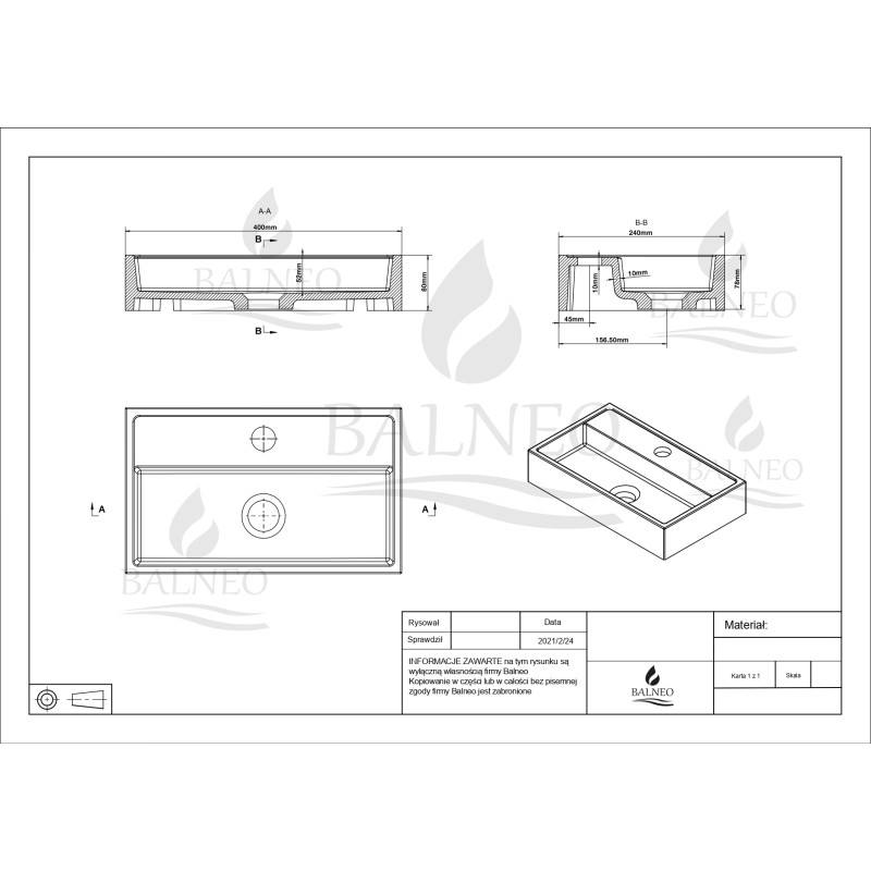 Umywalka nablatowa VIKI 40 x 24 biała z konglomeratu