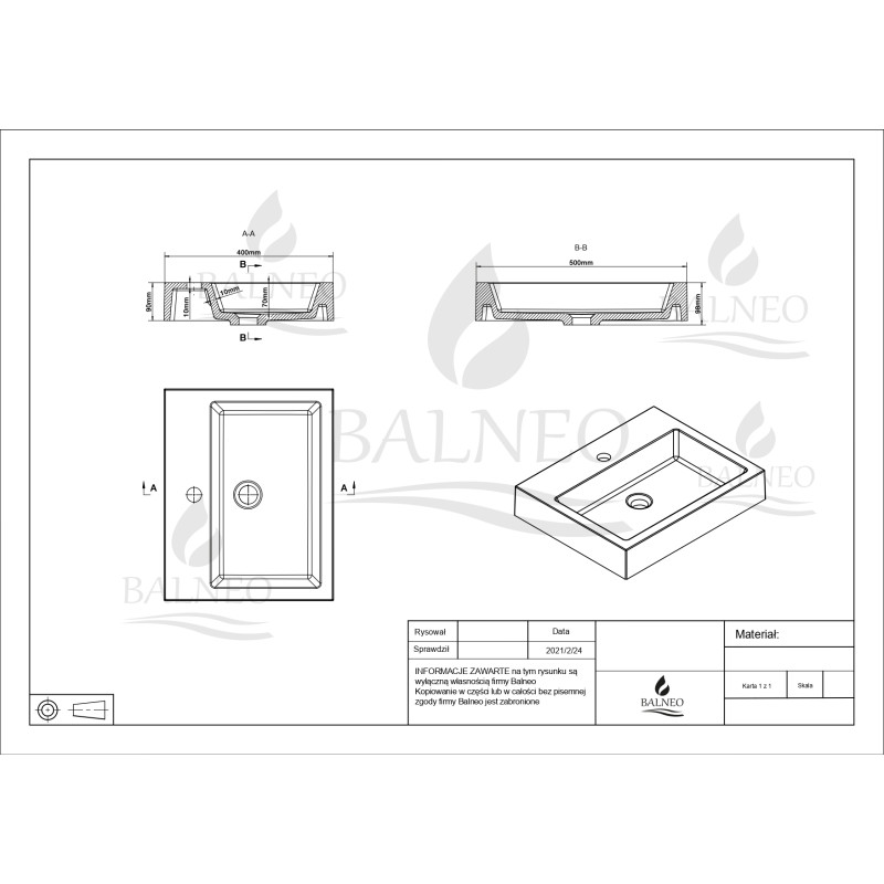 Umywalka nablatowa LUCY 50 x 40 biała z konglomeratu