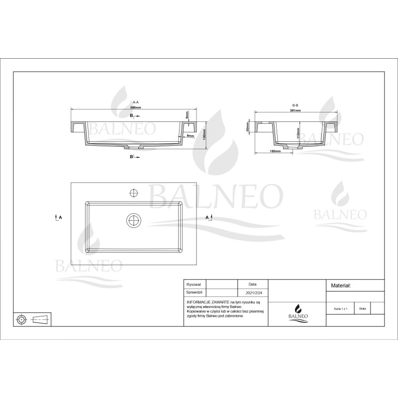 Umywalka nablatowa RICA 60 x 40 biała z konglomeratu