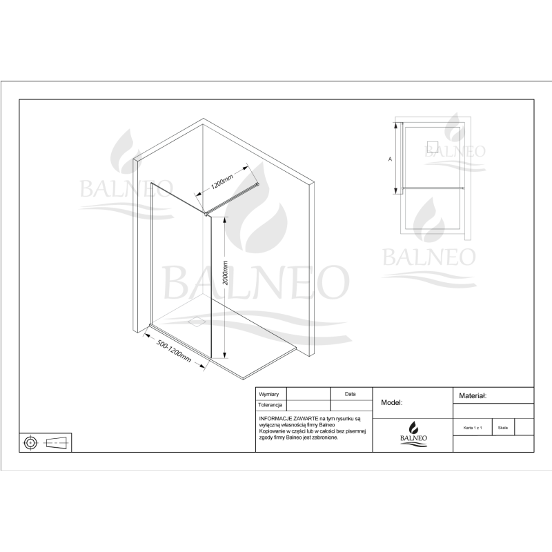 Ścianka prysznicowa Beira 50 x 200 cm transparentna 8 mm czarna