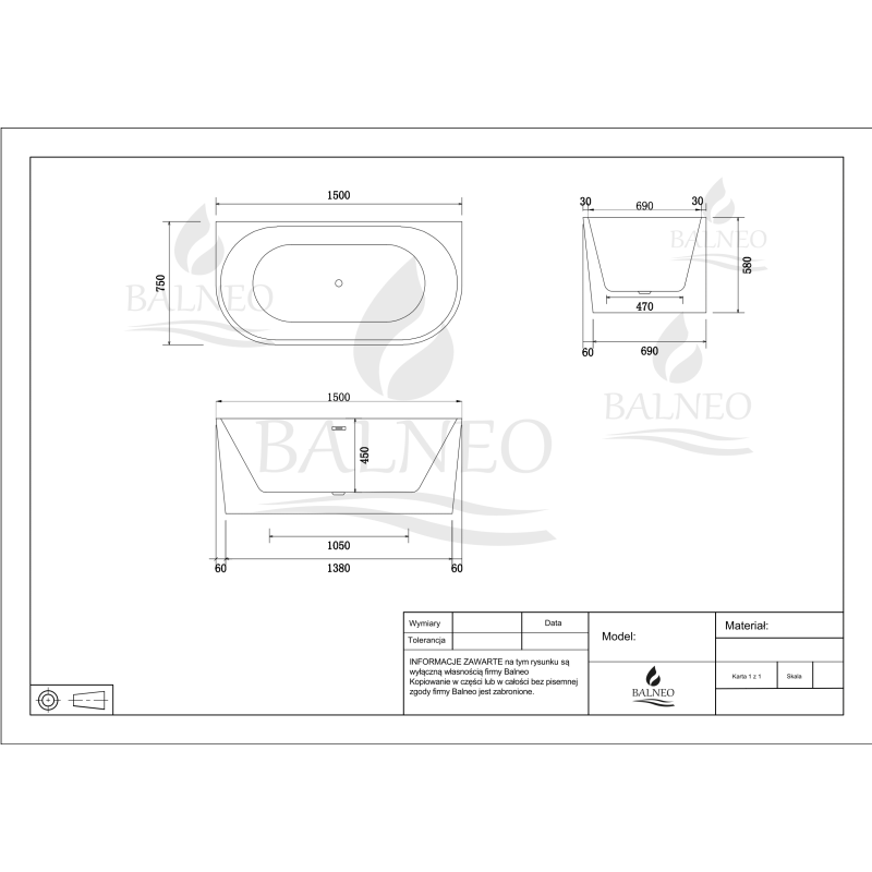 Wanna wolnostojąca przyścienna VIVA WHITE - 150 x 75 cm