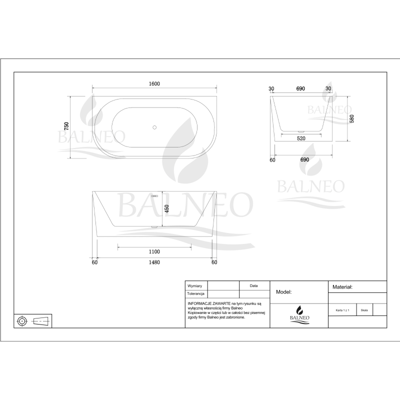 Wanna wolnostojąca przyścienna VIVA WHITE - 160 x 75 cm