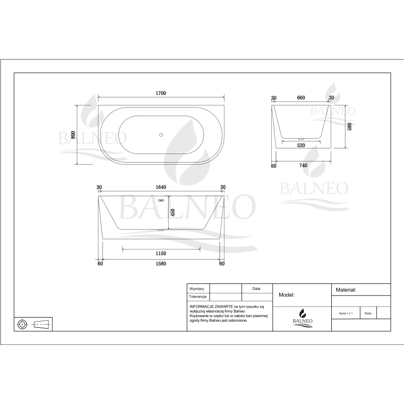 Wanna wolnostojąca przyścienna VIVA WHITE - 170 x 80 cm