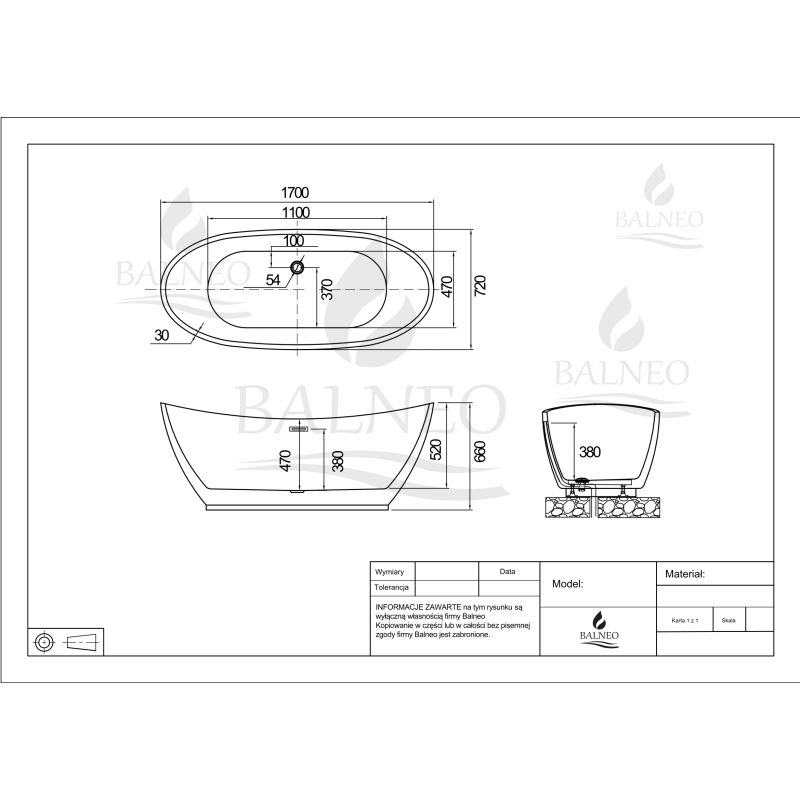 Wanna wolnostojąca PARMA WHITE - 170 x 72 cm