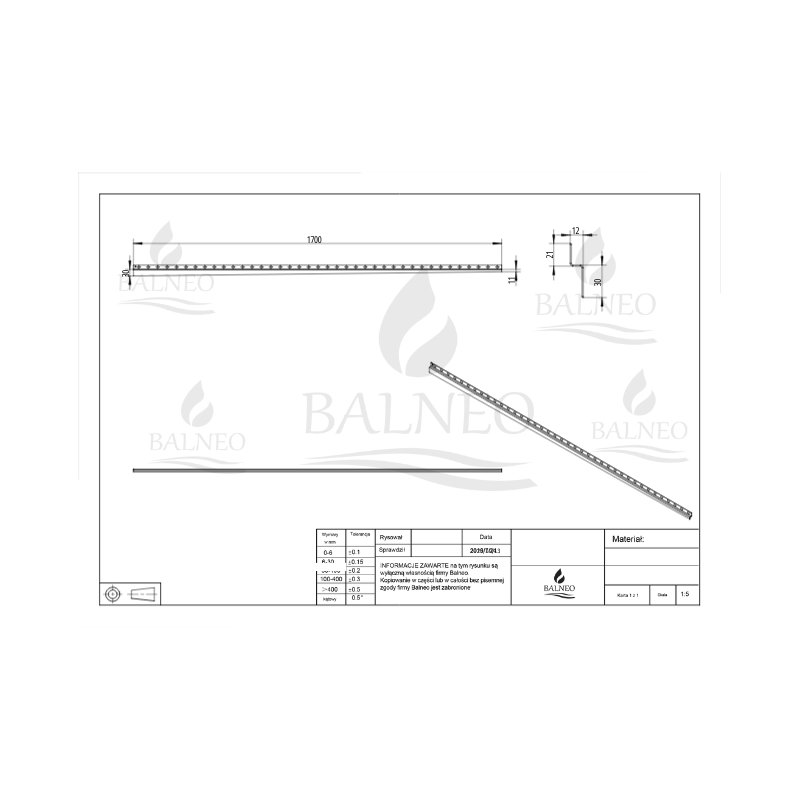 Listwa spadkowa przyścienna prawa 170 cm czarna