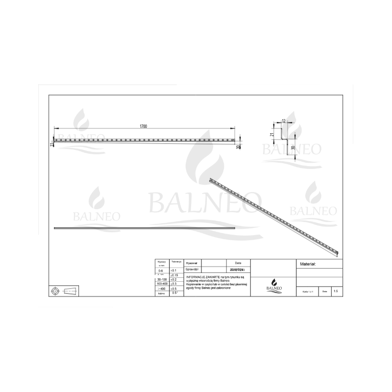 Listwa spadkowa przyścienna lewa 170 cm miedziana