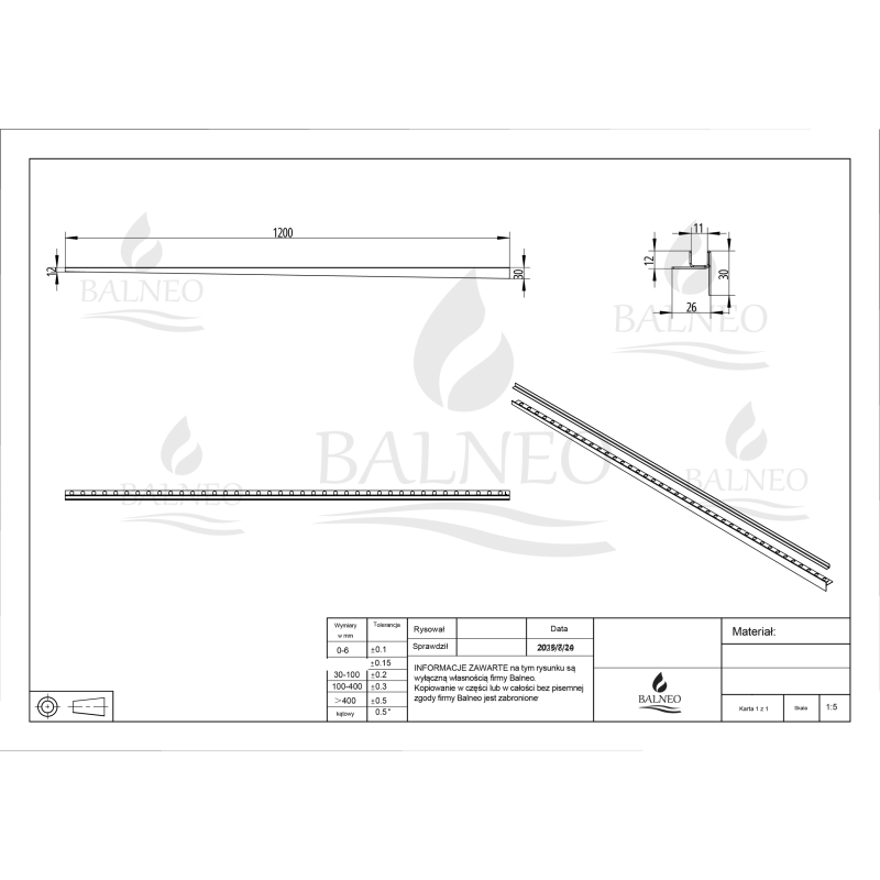 Listwa spadkowa do szkła lewa 120 cm miedziana