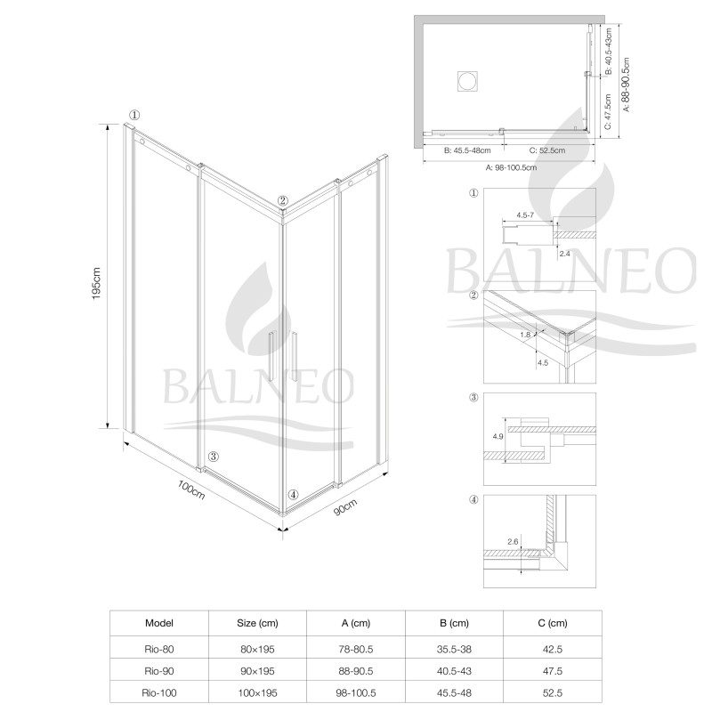 Kabina prysznicowa rozsuwana Rio - ZŁOTY 90x100 cm