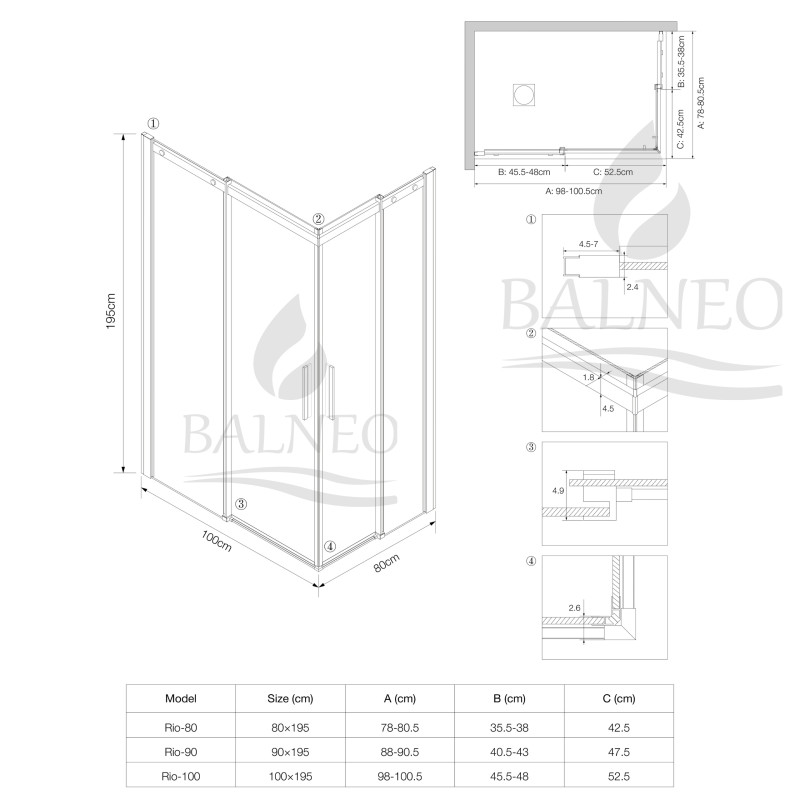 Kabina prysznicowa rozsuwana Rio - ZŁOTY 80x100 cm