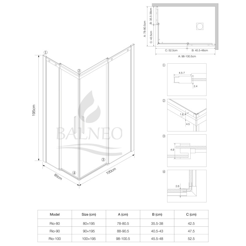 Kabina prysznicowa rozsuwana Rio - CHROM 80x100 cm