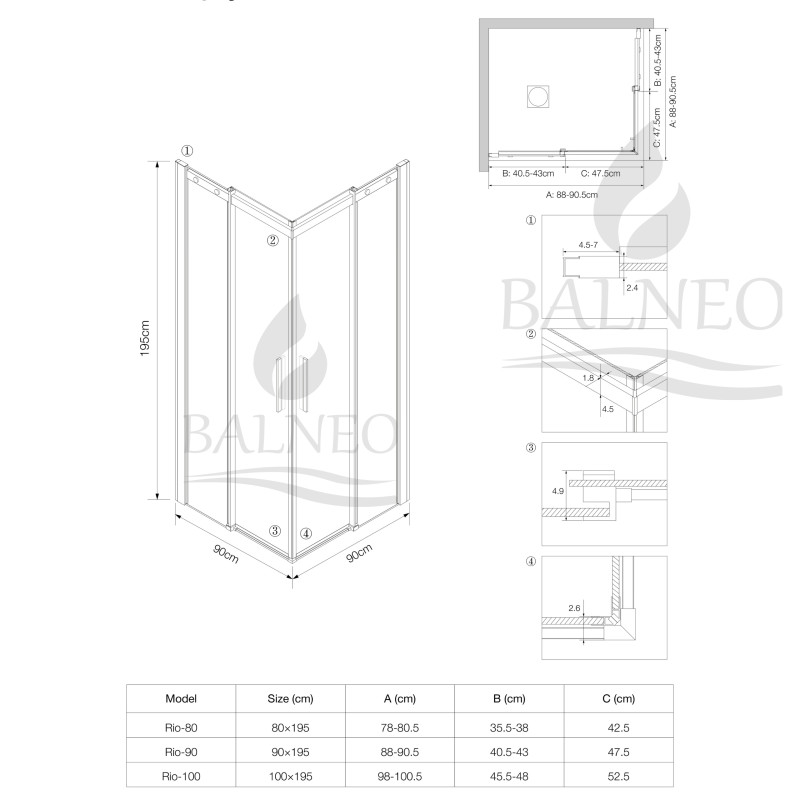 Kabina prysznicowa rozsuwana Rio - BLACK 90x90 cm