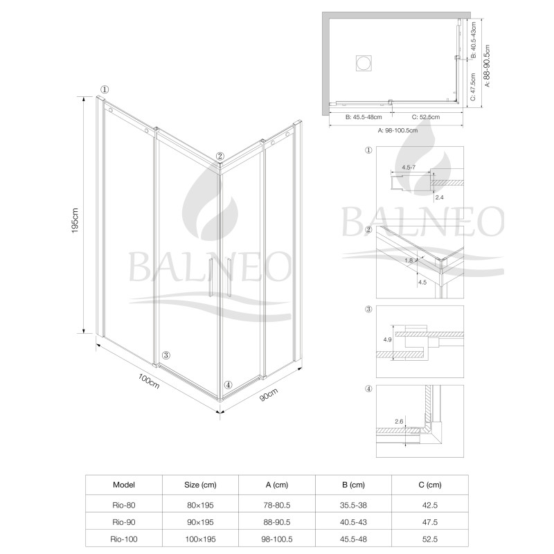 Kabina prysznicowa rozsuwana Rio - BLACK 90x100 cm