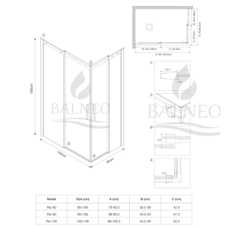 Kabina prysznicowa rozsuwana Rio - BLACK 80x100 cm