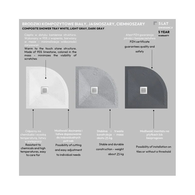 Brodzik kompozytowy półokrągły "seria FQ" Jasnoszary 80x80x2,5cm