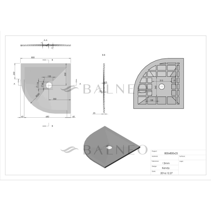 Brodzik kompozytowy półokrągły "seria FQ" Ciemnoszary 80x80x2,5cm