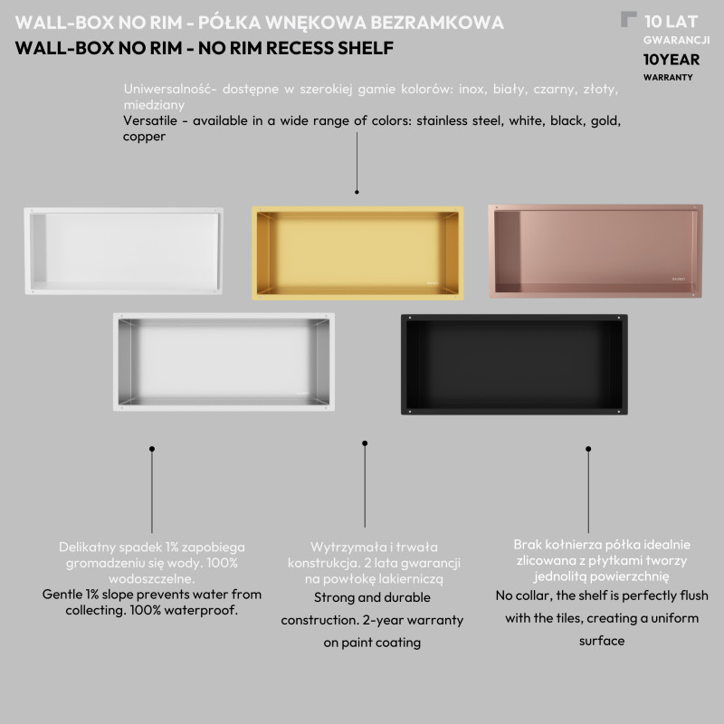 WALL-BOX NO RIM - Półka wnękowa bezramkowa GOLD 30x30x10 cm