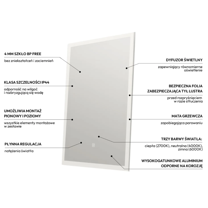 Lustro podświetlane 39x50 cm COSMO- Antypara, Ściemnianie, Zmiana Barwy