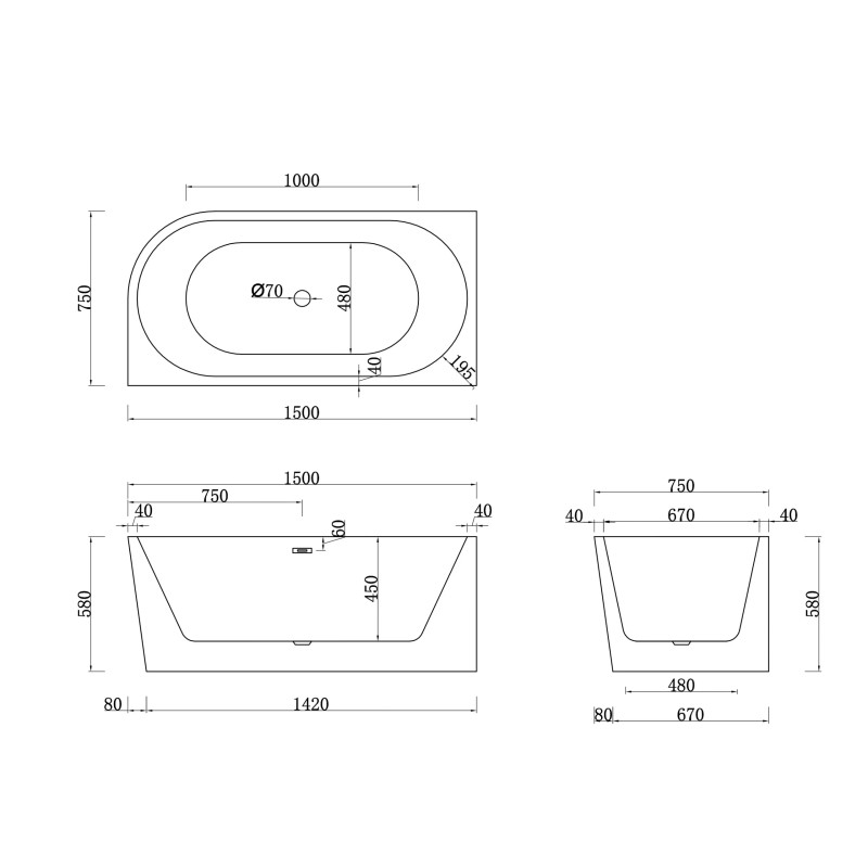 Wanna wolnostojąca narożna lewa AVOLA z pokrywką GOLD - 150 x 75 cm