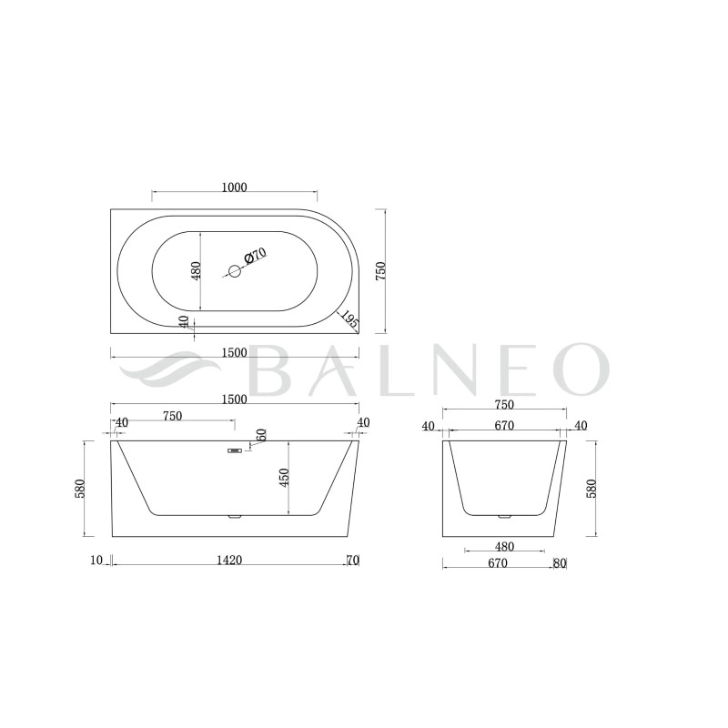 Wanna wolnostojąca narożna prawa AVOLA z pokrywką BLACK - 150 x 75 cm