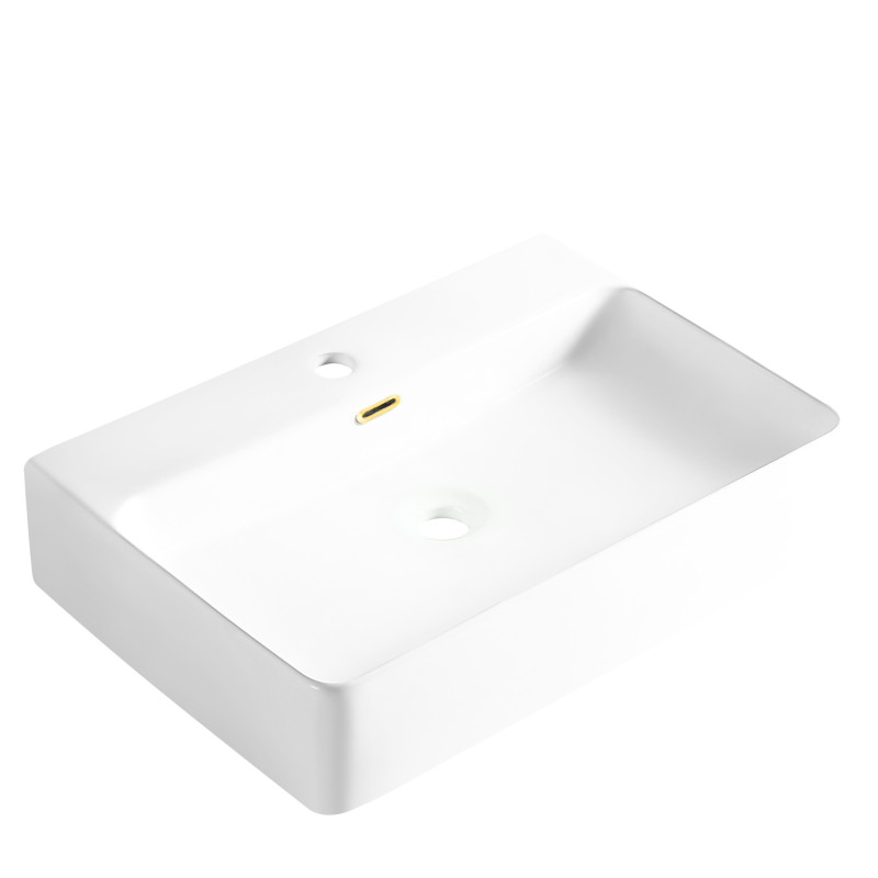 Umywalka nablatowa ceramiczna NERIA ze ZŁOTYM PROSTOKĄTNYM PRZELEWEM