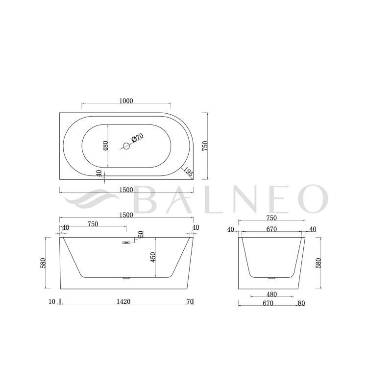 II gatunek Wanna wolnostojąca narożna prawa AVOLA 160 x 80 cm