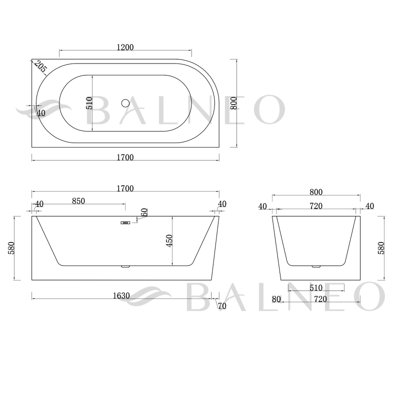 II gatunek Wanna wolnostojąca narożna prawa AVOLA WHITE - 170 x 80 cm