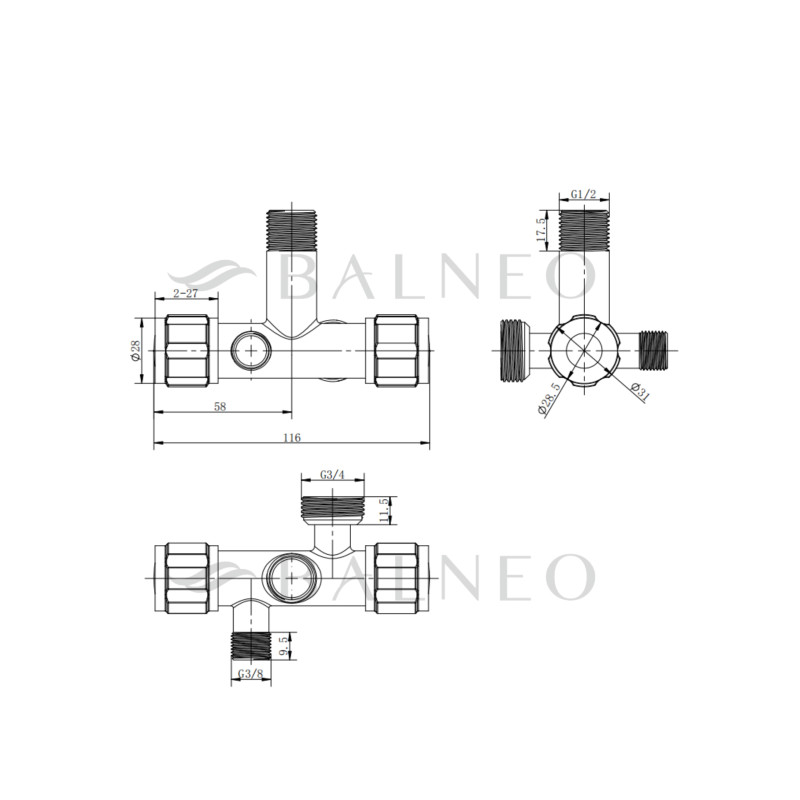 Zawór kątowy model 4 INOX 1/2 x 3/8 x 3/4