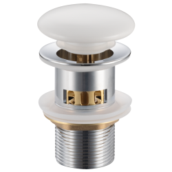 Korek umywalkowy mosiężny Klik Klak model F z koszyczkiem i przelewem - Biały Ceramiczny