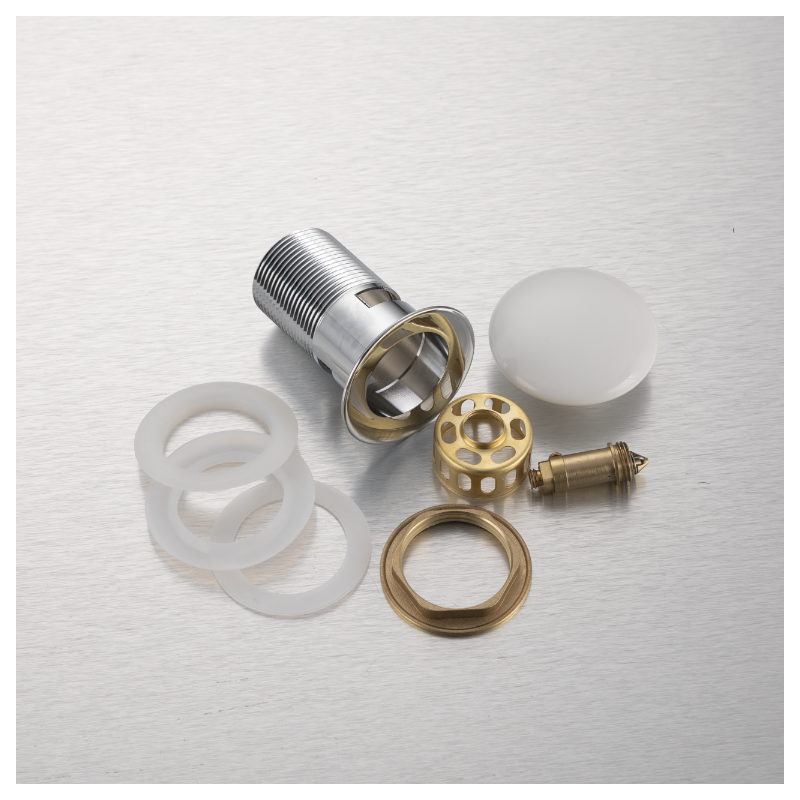 Korek umywalkowy mosiężny Klik Klak model F z koszyczkiem i przelewem - Biały Ceramiczny