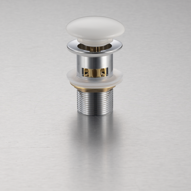 Korek umywalkowy mosiężny Klik Klak model F z koszyczkiem i przelewem - Biały Ceramiczny